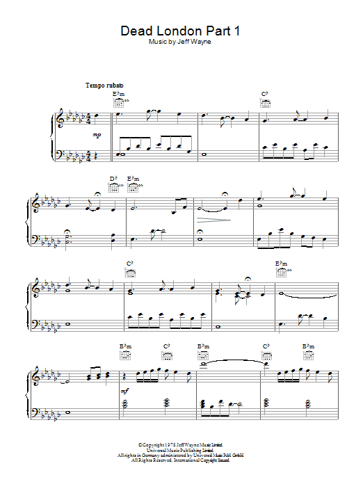 Jeff Wayne Dead London (from War Of The Worlds) sheet music notes and chords arranged for Piano, Vocal & Guitar Chords