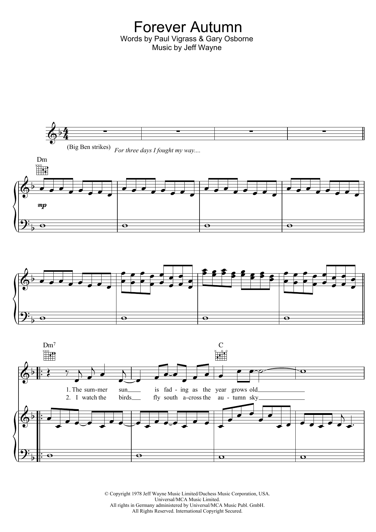 Jeff Wayne Forever Autumn (from War Of The Worlds) sheet music notes and chords arranged for Guitar Chords/Lyrics