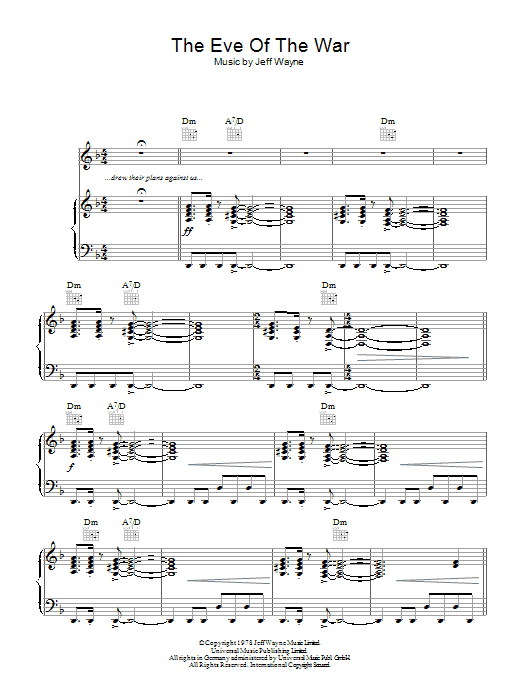 Jeff Wayne The Eve Of The War (from War Of The Worlds) sheet music notes and chords arranged for Piano, Vocal & Guitar Chords