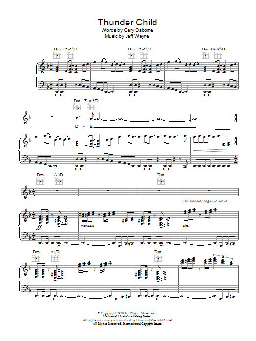 Jeff Wayne Thunder Child (from War Of The Worlds) sheet music notes and chords arranged for Piano, Vocal & Guitar Chords