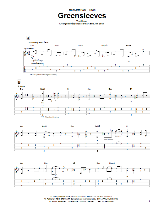 Jeff Beck Group Greensleeves sheet music notes and chords arranged for Guitar Tab