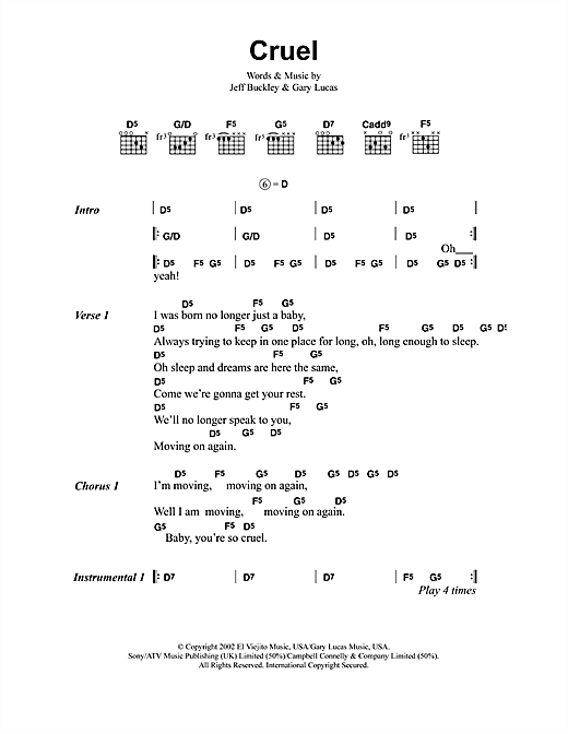 Jeff Buckley Cruel sheet music notes and chords arranged for Guitar Chords/Lyrics