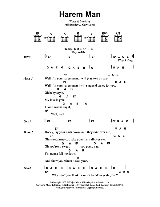 Jeff Buckley Harem Man sheet music notes and chords arranged for Guitar Chords/Lyrics