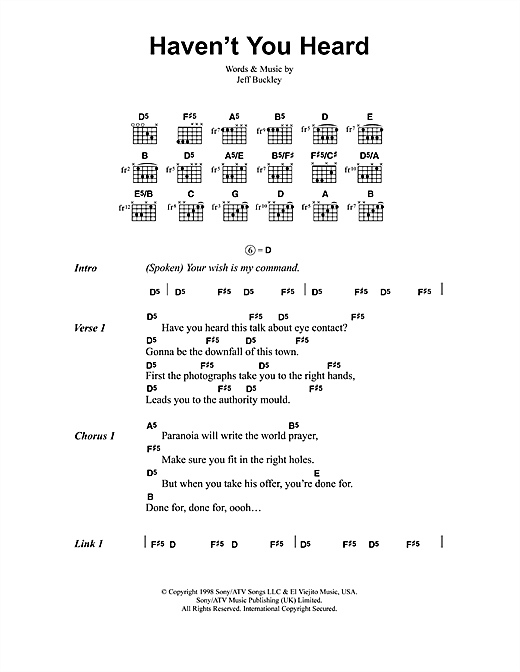 Jeff Buckley Haven't You Heard sheet music notes and chords arranged for Guitar Chords/Lyrics