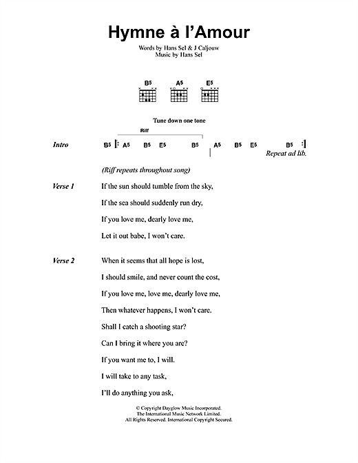 Jeff Buckley Hymne A L'Amour sheet music notes and chords arranged for Guitar Chords/Lyrics