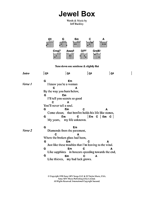 Jeff Buckley Jewel Box sheet music notes and chords arranged for Guitar Chords/Lyrics