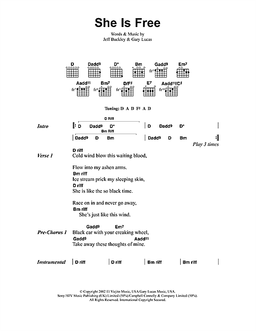 Jeff Buckley She Is Free sheet music notes and chords arranged for Guitar Chords/Lyrics