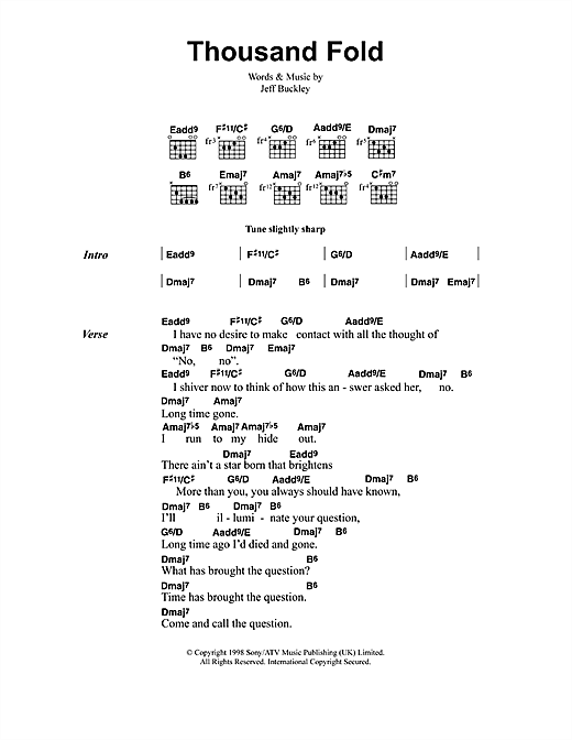 Jeff Buckley Thousand Fold sheet music notes and chords arranged for Guitar Chords/Lyrics