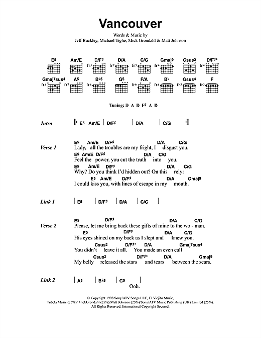 Jeff Buckley Vancouver sheet music notes and chords arranged for Guitar Chords/Lyrics