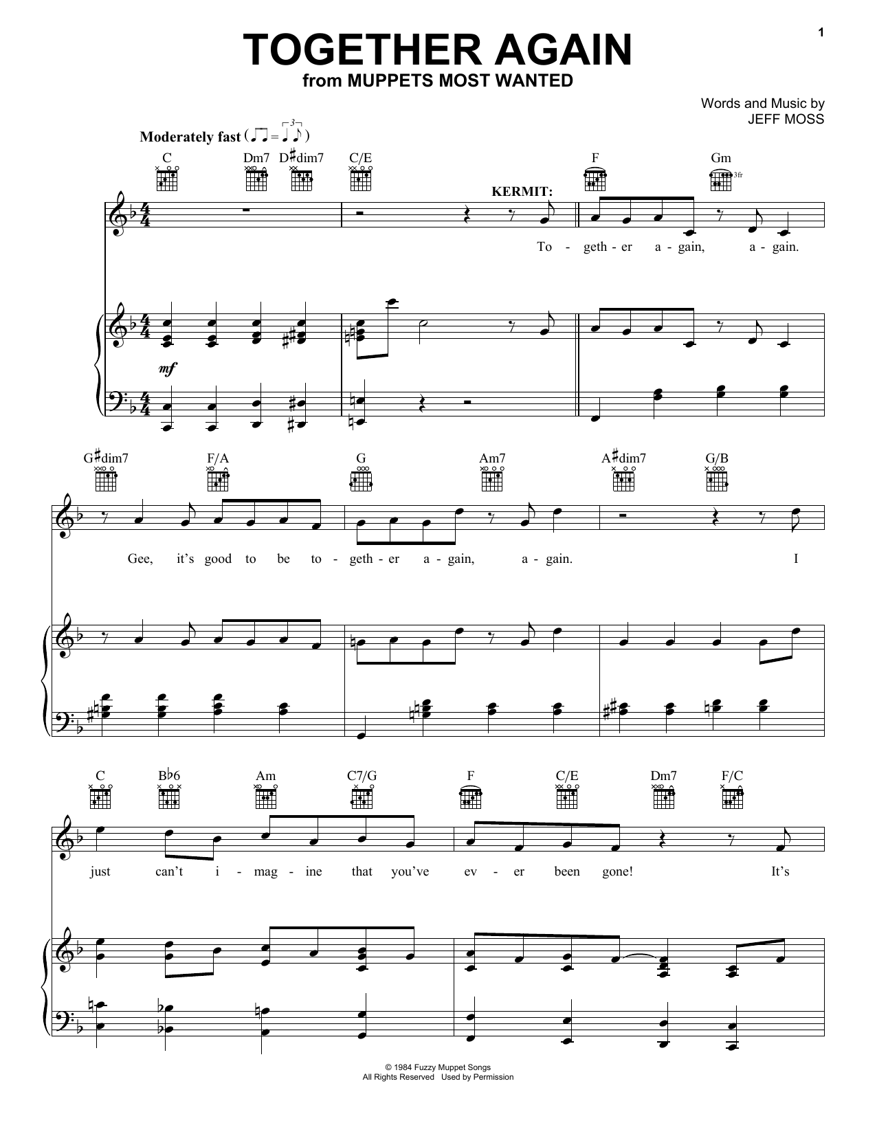 Jeff Moss Together Again sheet music notes and chords arranged for Piano, Vocal & Guitar Chords (Right-Hand Melody)