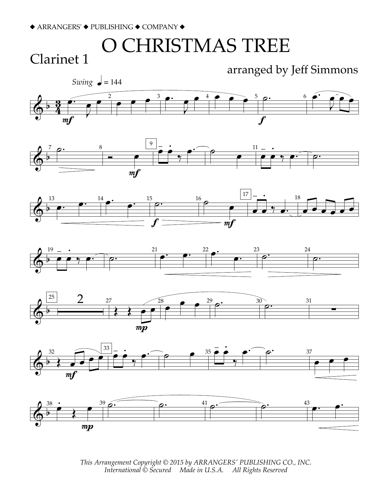 Jeff Simmons O Christmas Tree - Bb Clarinet 1 sheet music notes and chords arranged for Concert Band