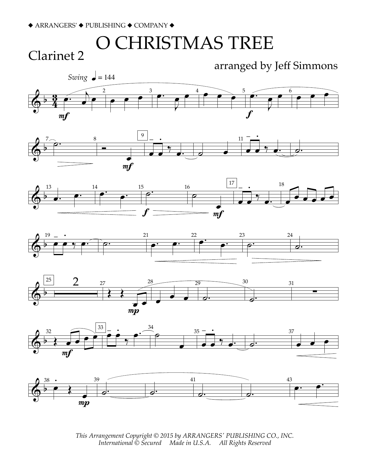 Jeff Simmons O Christmas Tree - Bb Clarinet 2 sheet music notes and chords arranged for Concert Band