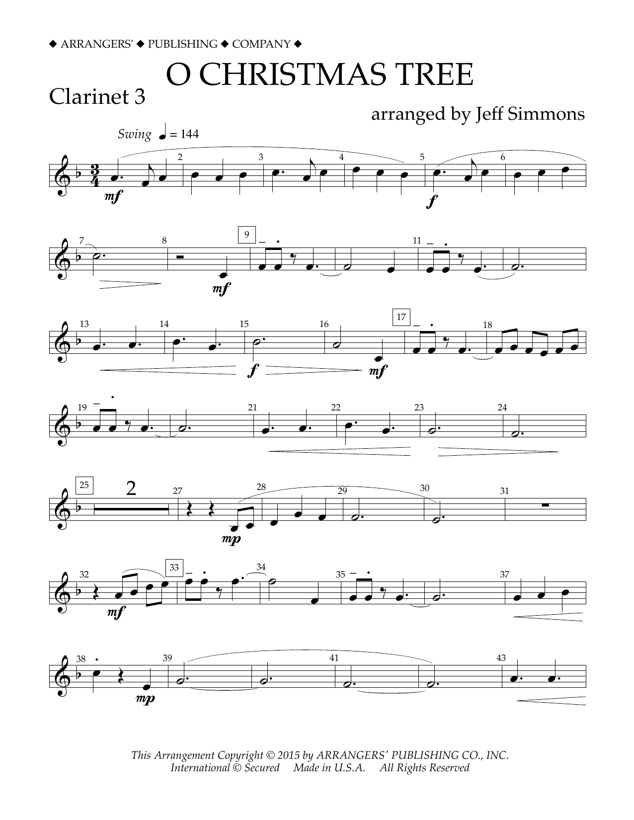 Jeff Simmons O Christmas Tree - Bb Clarinet 3 sheet music notes and chords arranged for Concert Band