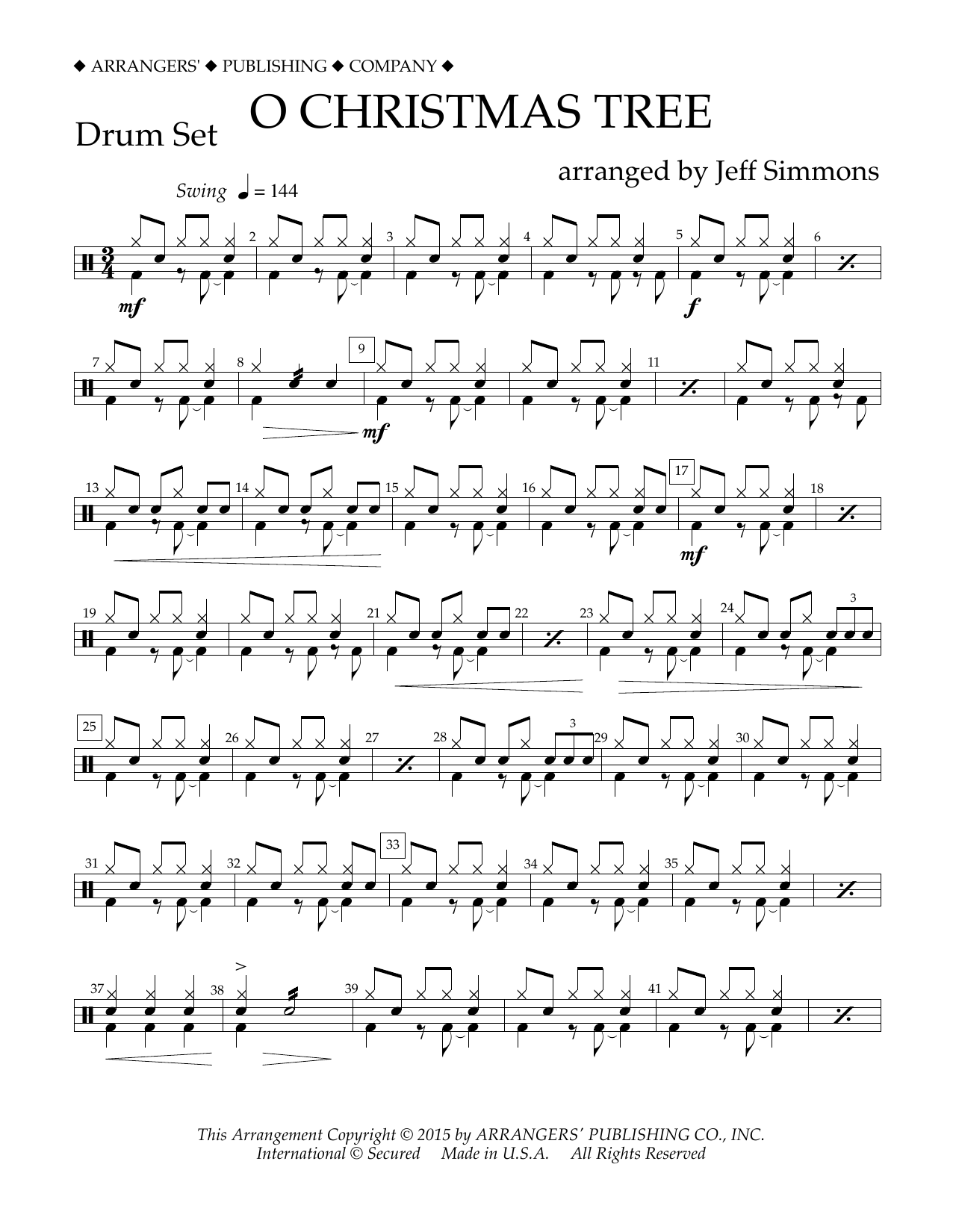 Jeff Simmons O Christmas Tree - Drum Set sheet music notes and chords arranged for Concert Band