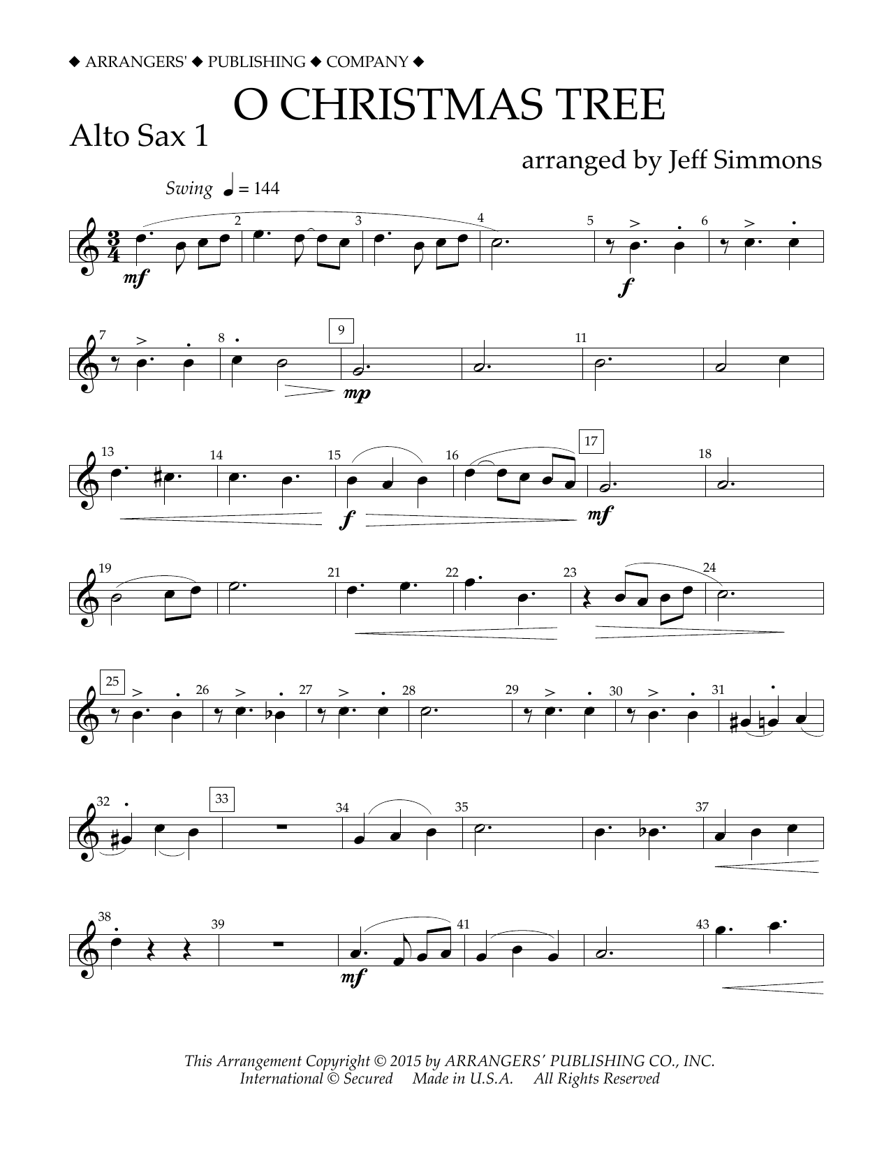 Jeff Simmons O Christmas Tree - Eb Alto Saxophone 1 sheet music notes and chords arranged for Concert Band