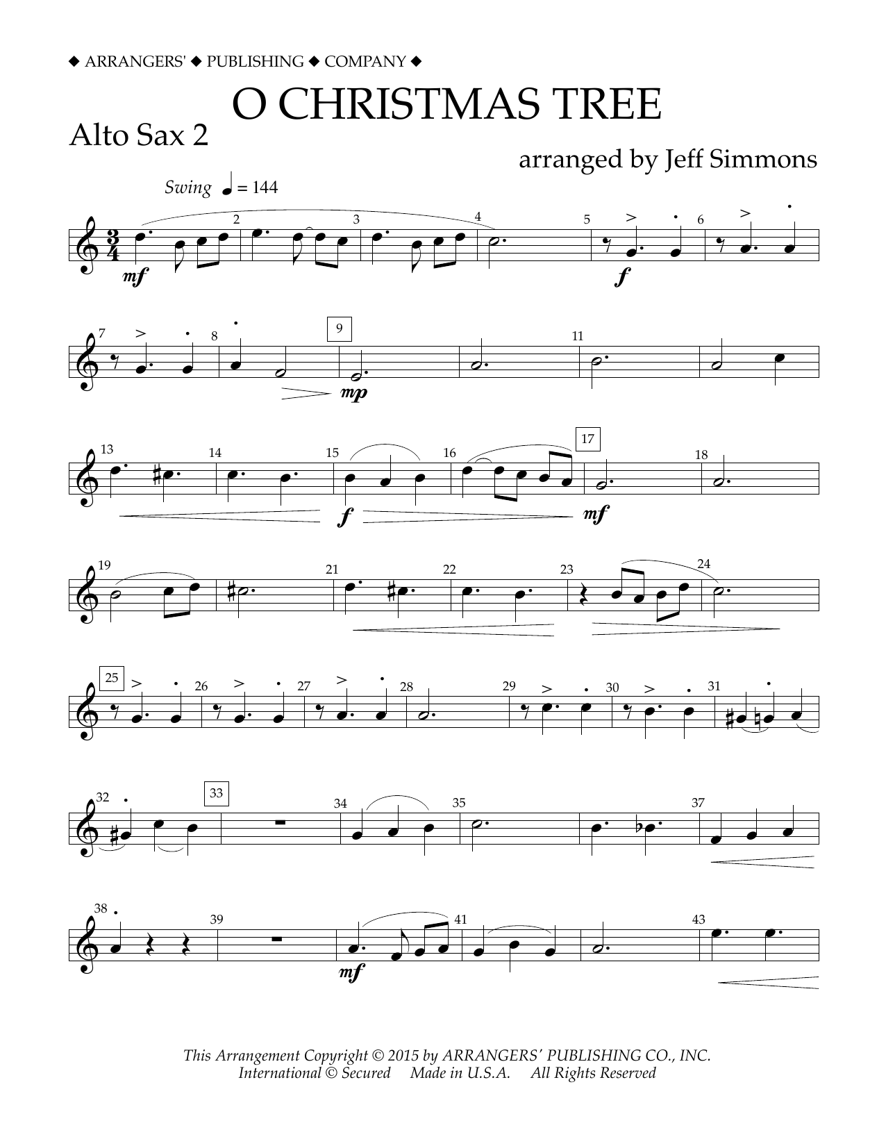 Jeff Simmons O Christmas Tree - Eb Alto Saxophone 2 sheet music notes and chords arranged for Concert Band