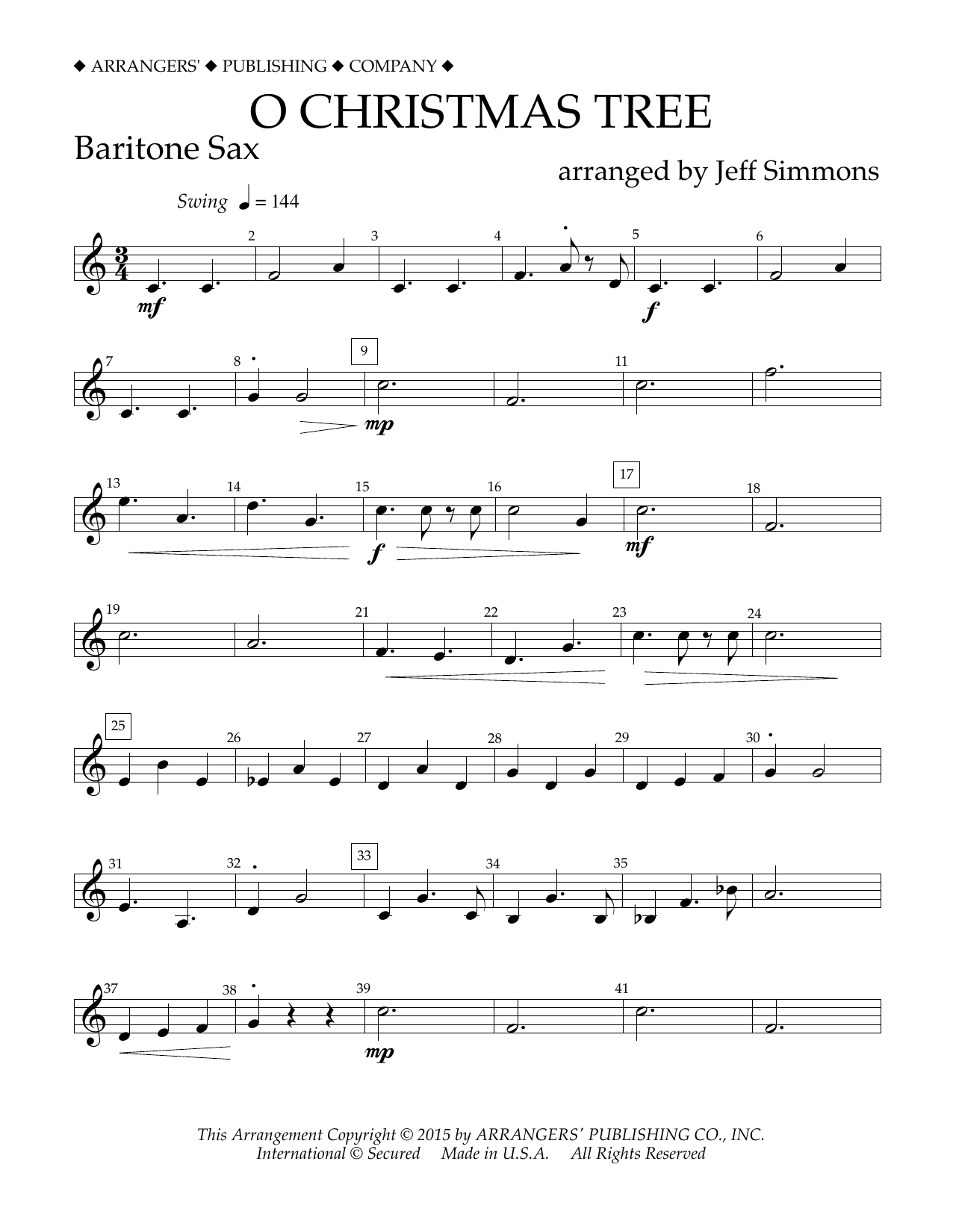 Jeff Simmons O Christmas Tree - Eb Baritone Saxophone sheet music notes and chords arranged for Concert Band