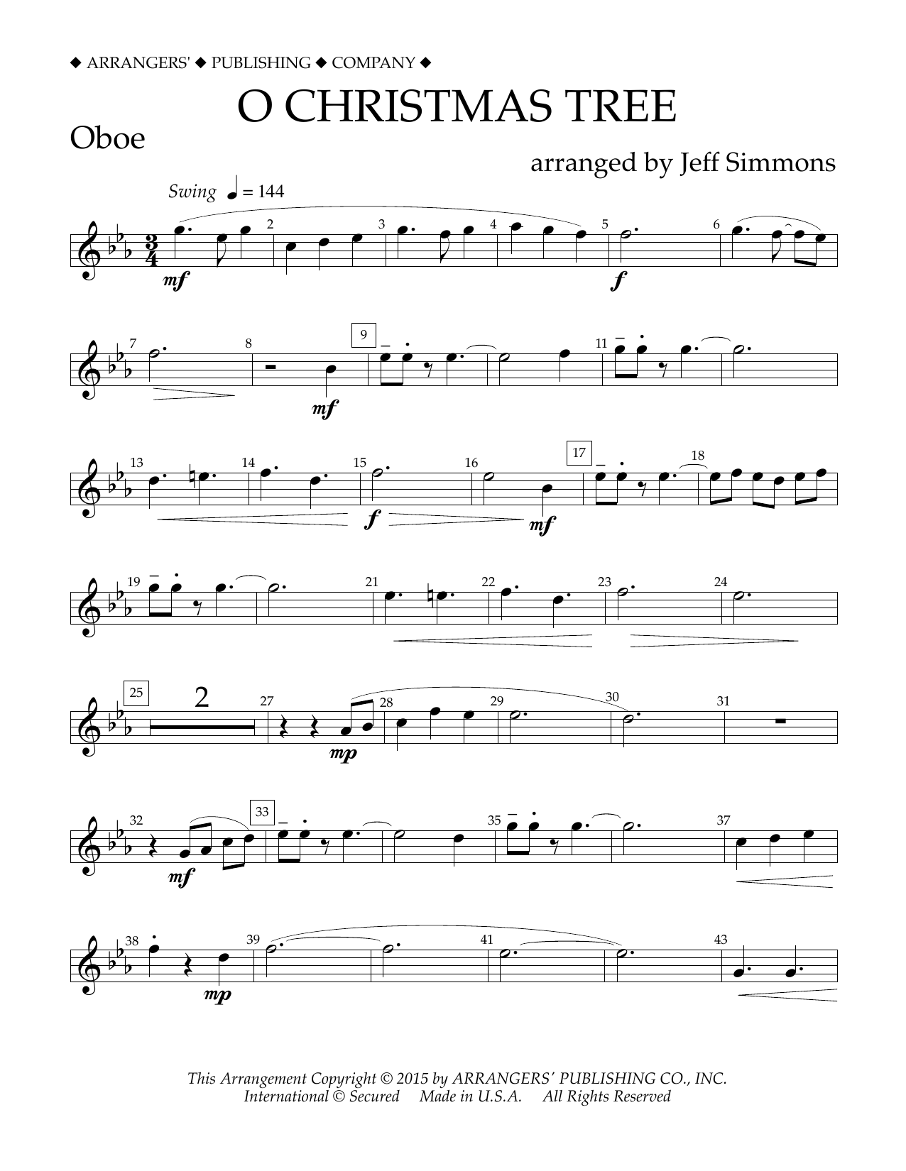 Jeff Simmons O Christmas Tree - Oboe sheet music notes and chords arranged for Concert Band