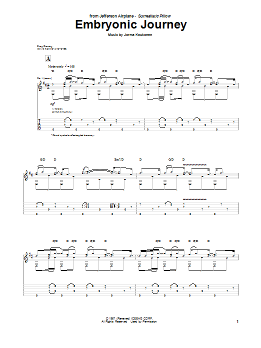 Jefferson Airplane Embryonic Journey sheet music notes and chords arranged for Guitar Lead Sheet