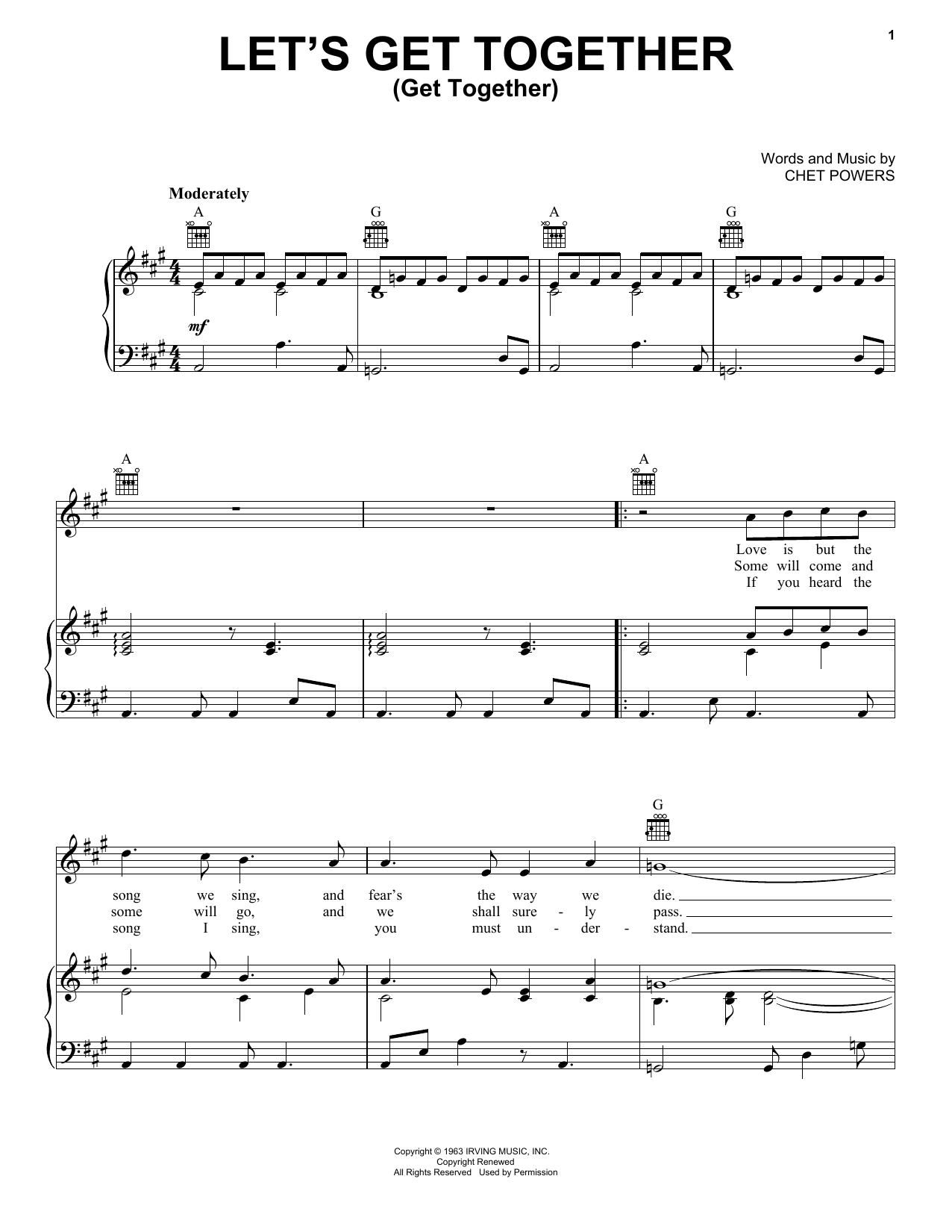 Jefferson Airplane Let's Get Together sheet music notes and chords arranged for Piano, Vocal & Guitar Chords (Right-Hand Melody)