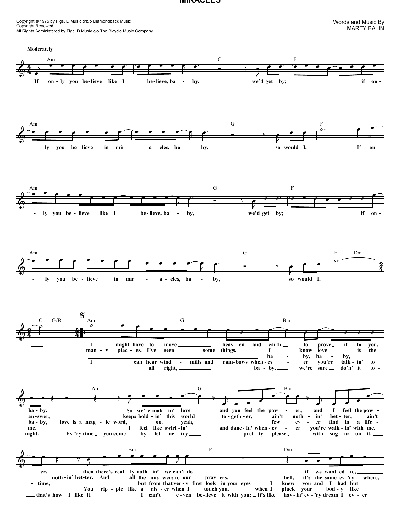 Jefferson Starship Miracles sheet music notes and chords arranged for Lead Sheet / Fake Book