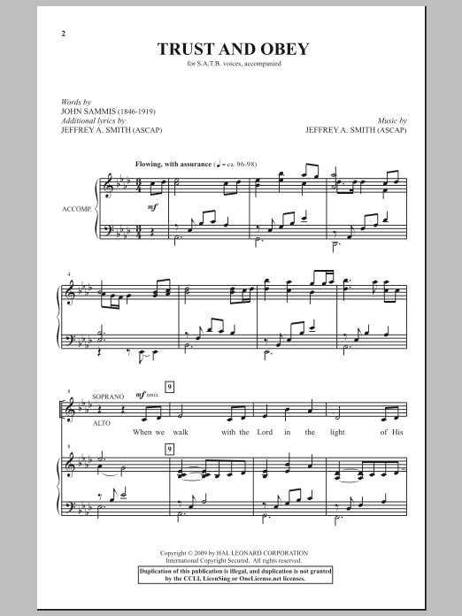 Jeffrey A. Smith Trust And Obey sheet music notes and chords arranged for SATB Choir