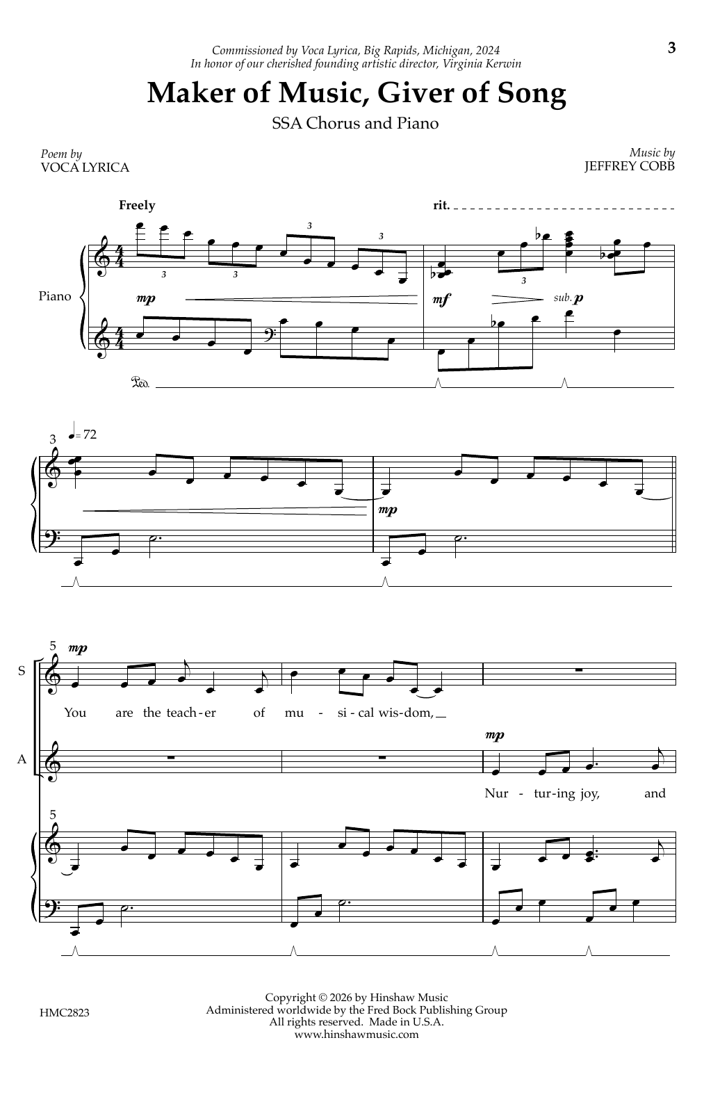 Jeffrey Cobb Maker of Music, Giver of Song sheet music notes and chords arranged for SSA Choir