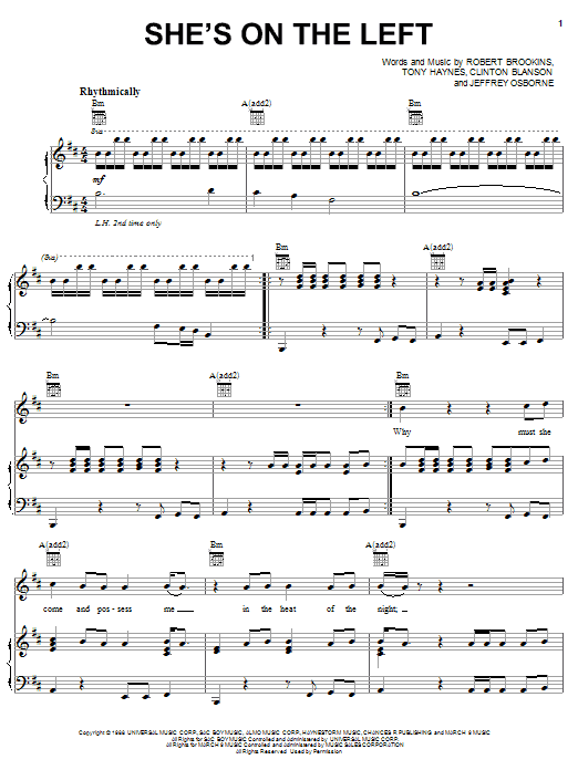 Jeffrey Osbourne She's On The Left sheet music notes and chords arranged for Piano, Vocal & Guitar Chords (Right-Hand Melody)