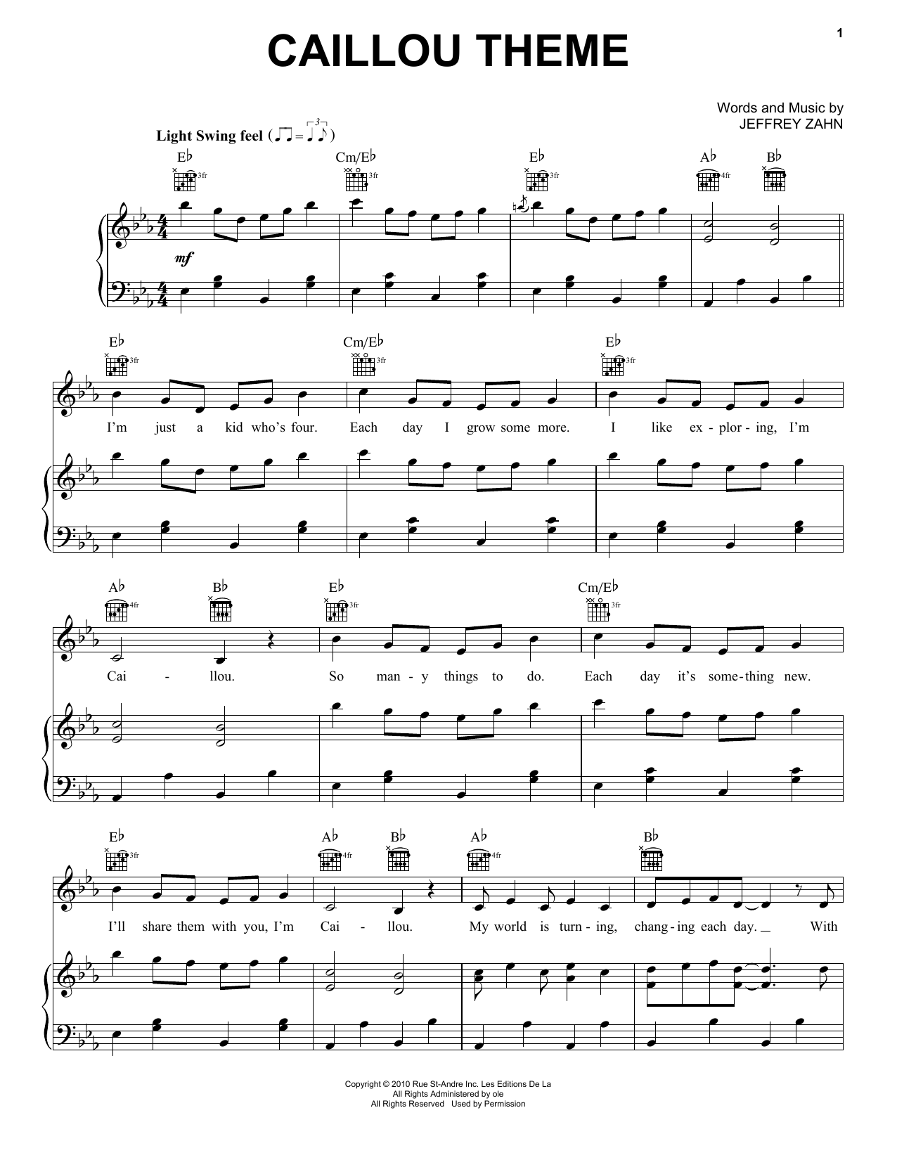 Jeffrey Zahn Caillou Theme sheet music notes and chords arranged for Piano, Vocal & Guitar Chords (Right-Hand Melody)