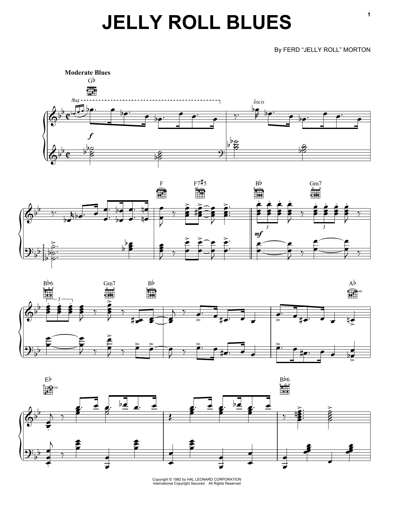 Jelly Roll Morton Jelly Roll Blues sheet music notes and chords arranged for Piano Transcription