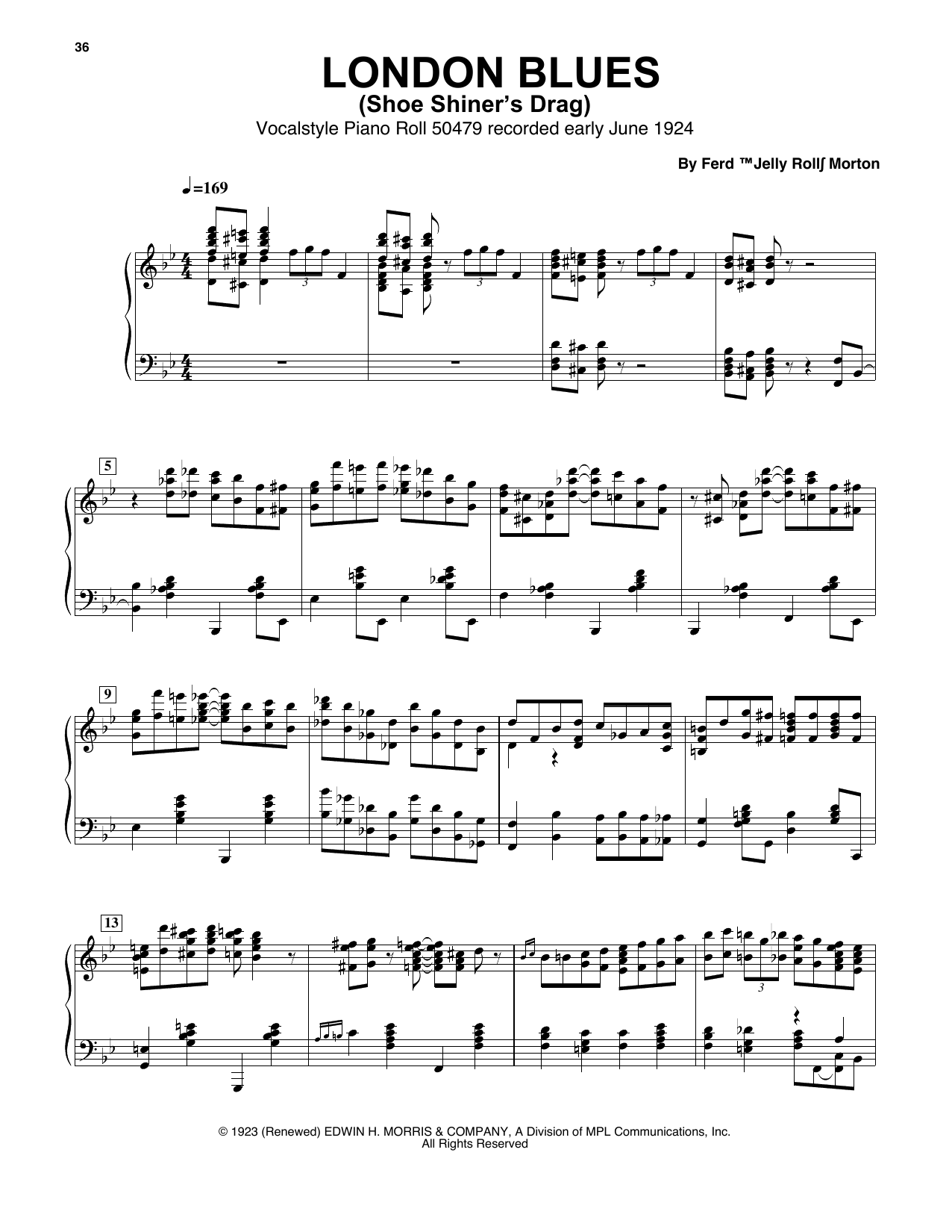 Jelly Roll Morton London Blues (Shoe Shiner's Drag) sheet music notes and chords arranged for Piano Transcription