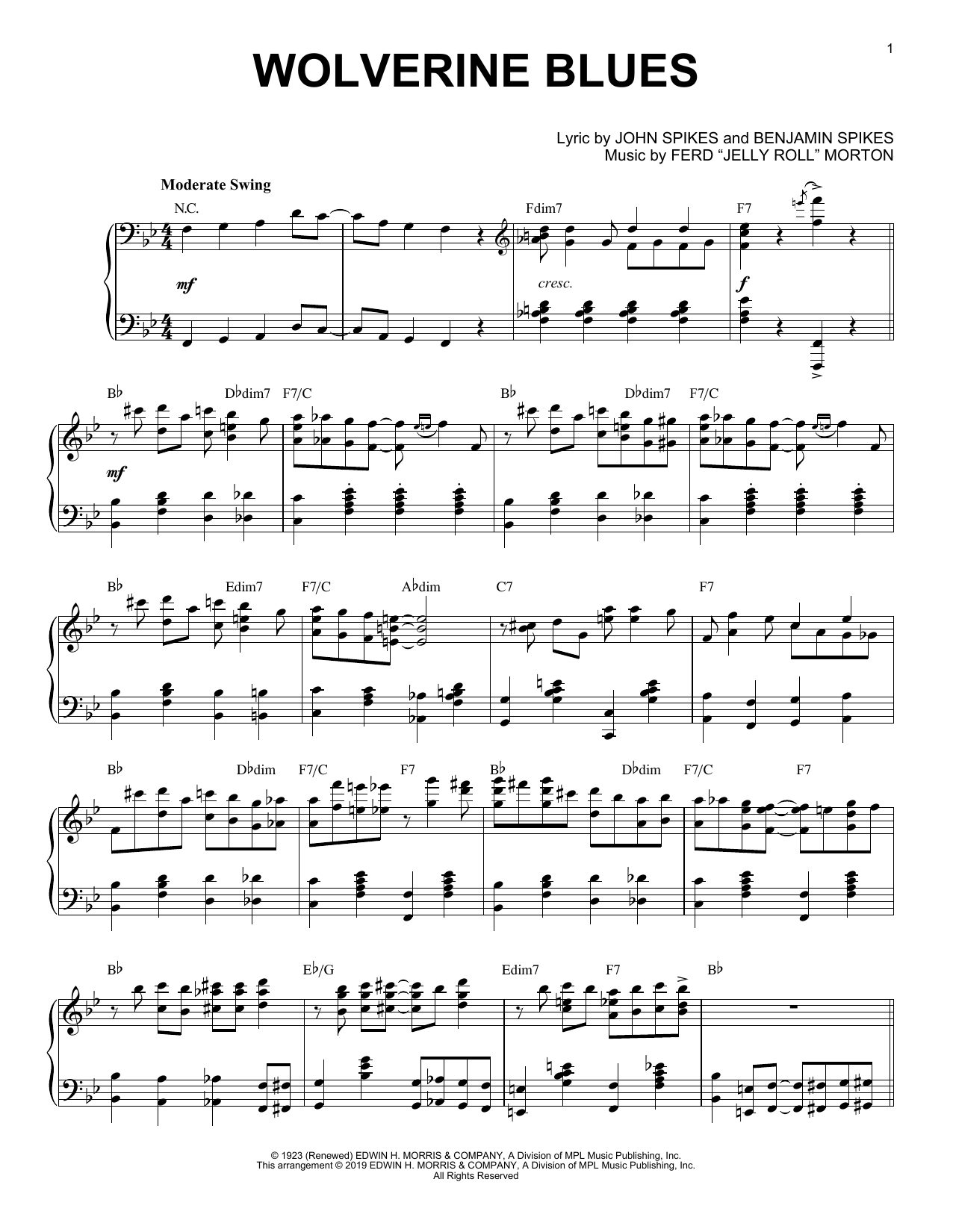 Jelly Roll Morton Wolverine Blues [Jazz version] sheet music notes and chords arranged for Piano Solo