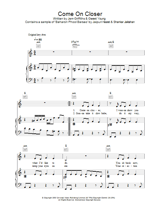 Jem Come On Closer sheet music notes and chords arranged for Piano, Vocal & Guitar Chords
