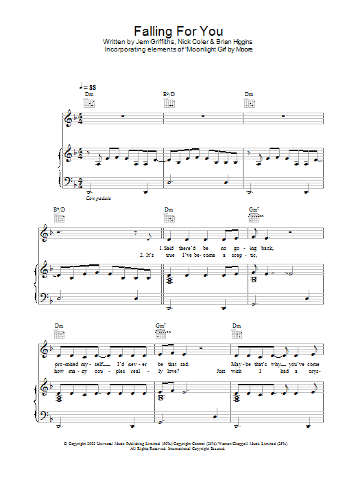 Jem Falling For You sheet music notes and chords arranged for Piano, Vocal & Guitar Chords
