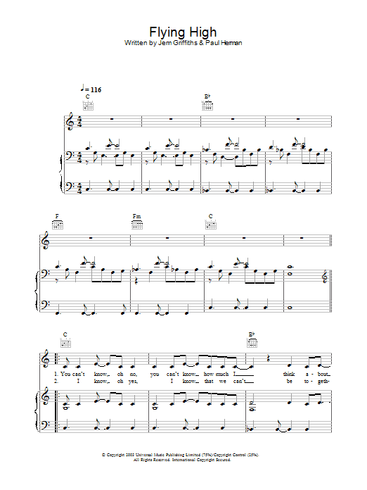 Jem Flying High sheet music notes and chords arranged for Piano, Vocal & Guitar Chords