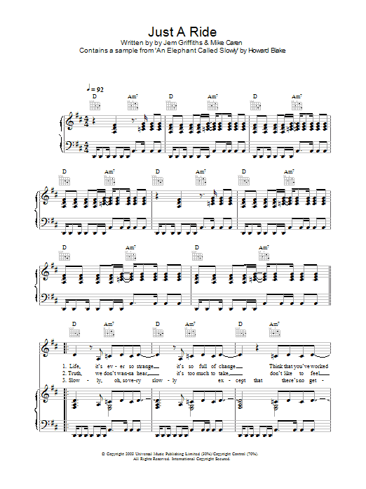 Jem Just A Ride sheet music notes and chords arranged for Piano, Vocal & Guitar Chords