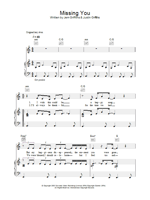 Jem Missing You sheet music notes and chords arranged for Piano, Vocal & Guitar Chords