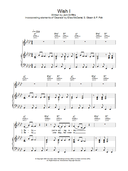 Jem Wish I sheet music notes and chords arranged for Piano, Vocal & Guitar Chords