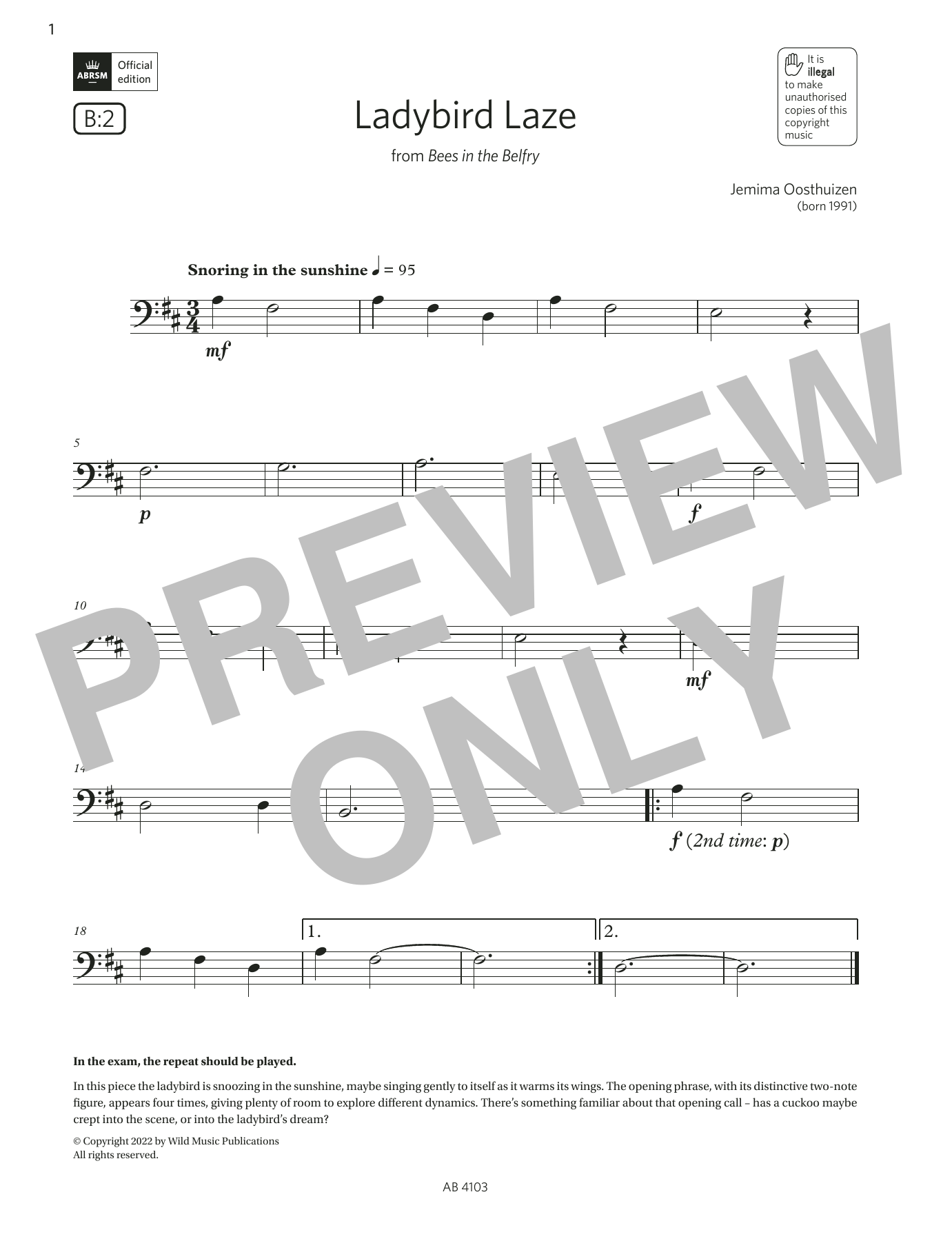 Jemima Oosthuizen Ladybird Laze (Grade Initial, B2, from the ABRSM Cello Syllabus from 2024) sheet music notes and chords arranged for Cello Solo