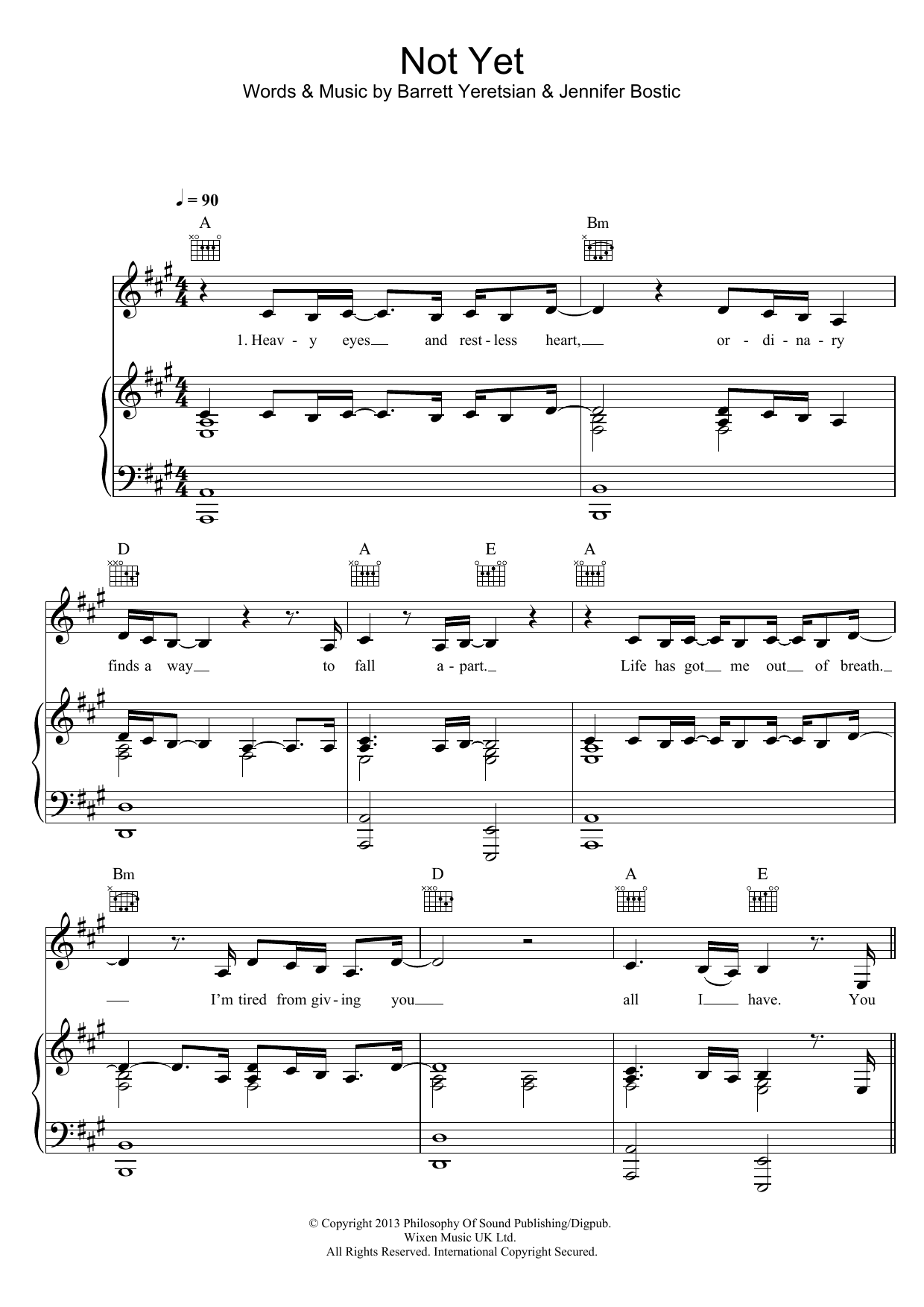 Jenn Bostic Not Yet sheet music notes and chords arranged for Piano, Vocal & Guitar Chords