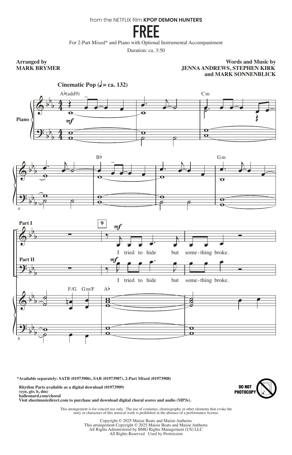 Jenna Andrews, Stephen Kirk, and Mark Sonnenblick Free (from KPop Demon Hunters) (arr. Mark Brymer) sheet music notes and chords arranged for SAB Choir