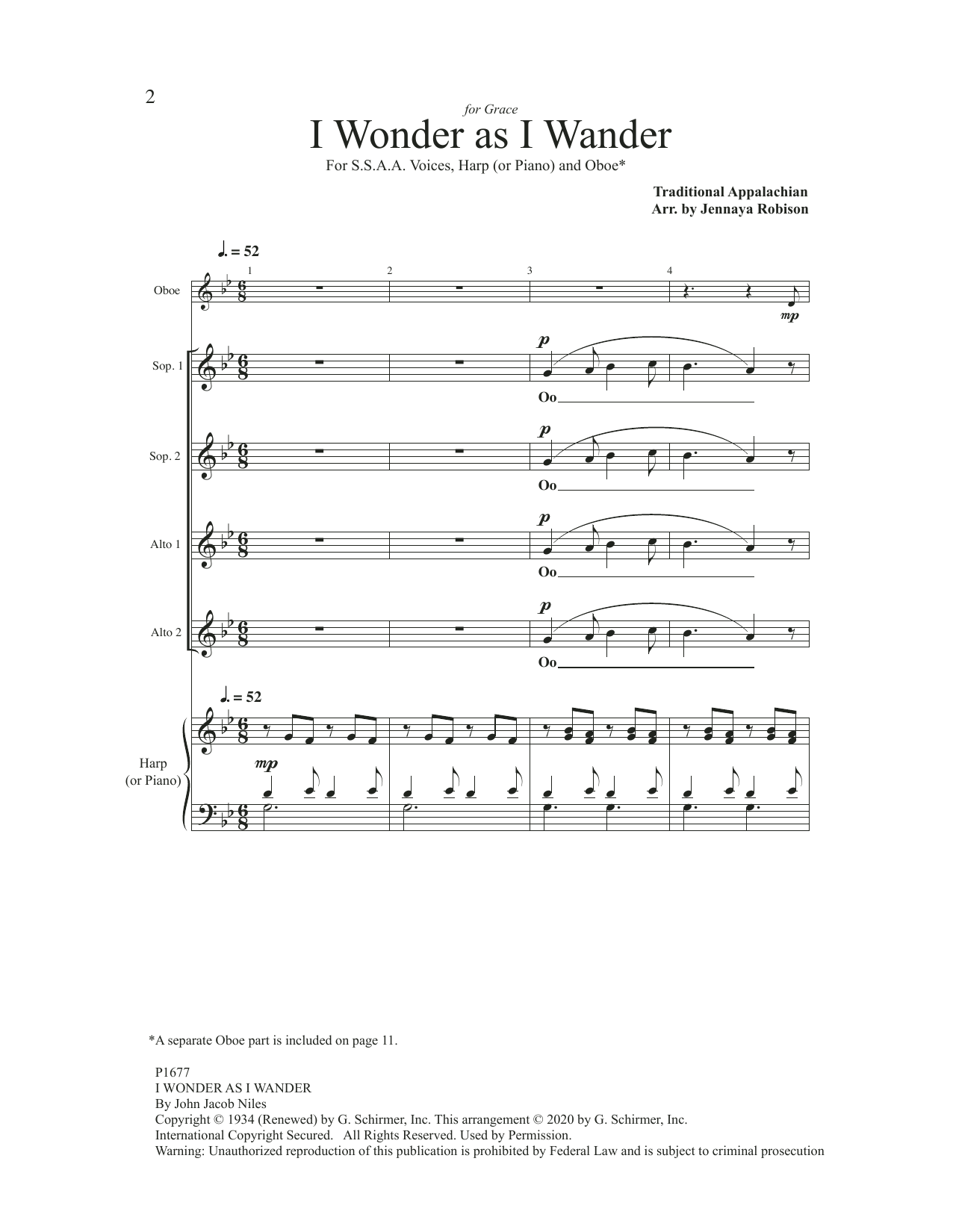Jennaya Robison I Wonder As I Wander sheet music notes and chords arranged for SSAA Choir