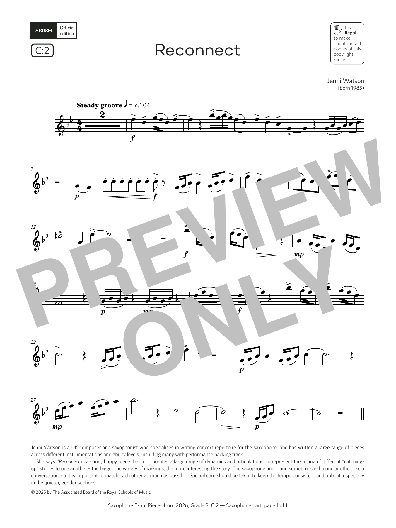 Jenni Watson Reconnect (Grade 3, list C2, from the ABRSM Saxophone Syllabus from 2026) sheet music notes and chords arranged for Alto Sax Solo