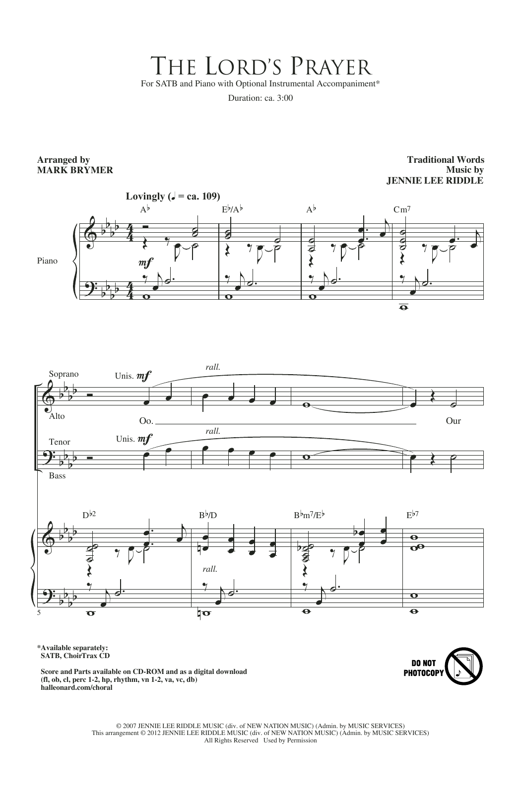 Jennie Lee Riddle The Lord's Prayer (arr. Mark Brymer) sheet music notes and chords arranged for SATB Choir