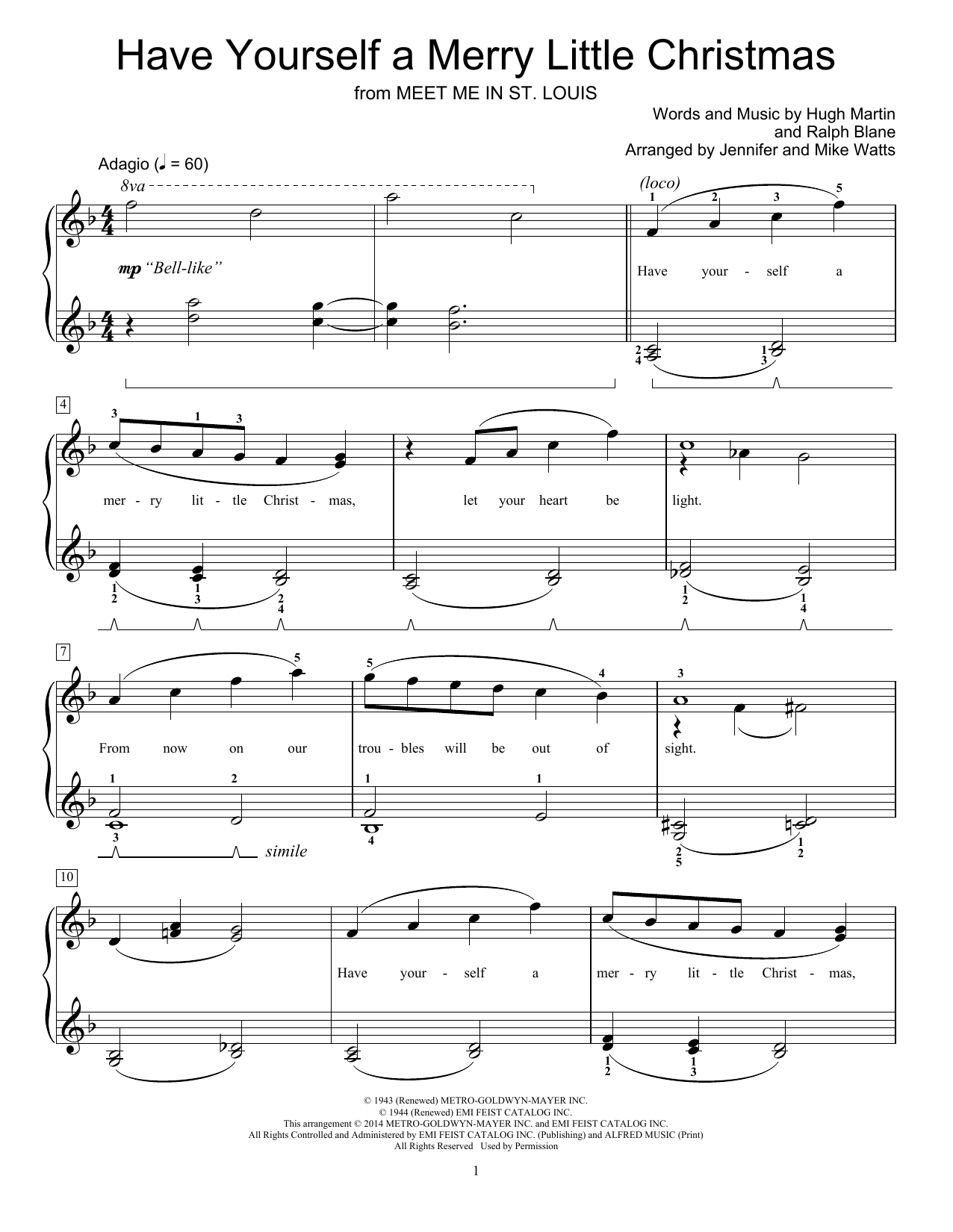 Jennifer and Mike Watts Have Yourself A Merry Little Christmas sheet music notes and chords arranged for Educational Piano