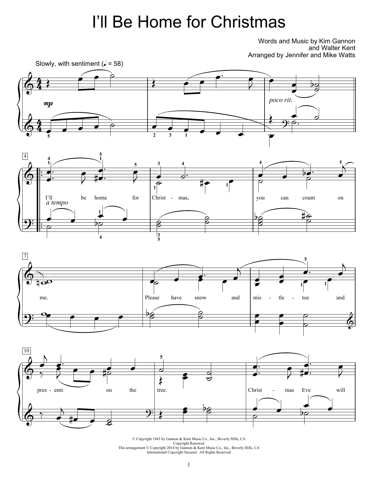 Jennifer and Mike Watts I'll Be Home For Christmas sheet music notes and chords arranged for Educational Piano