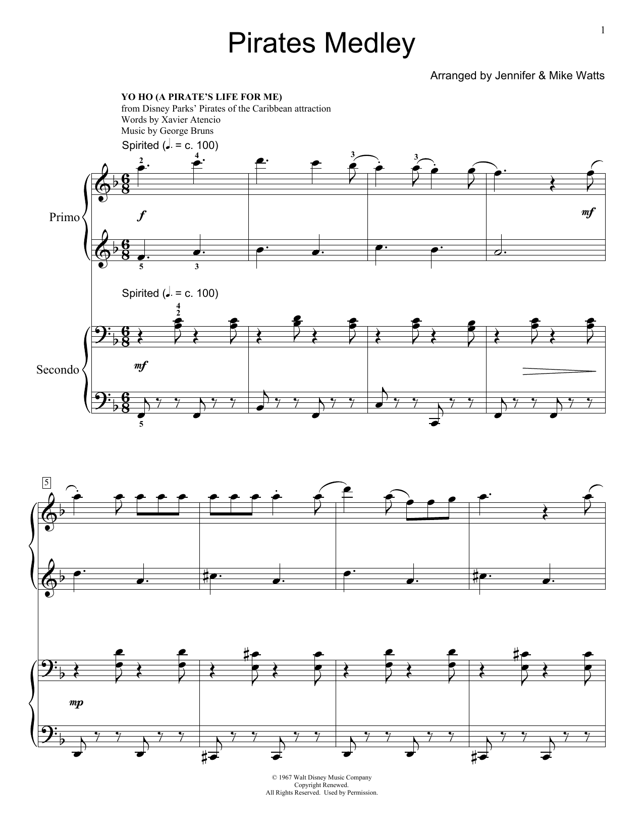 Jennifer and Mike Watts Pirates Medley sheet music notes and chords arranged for Piano Duet
