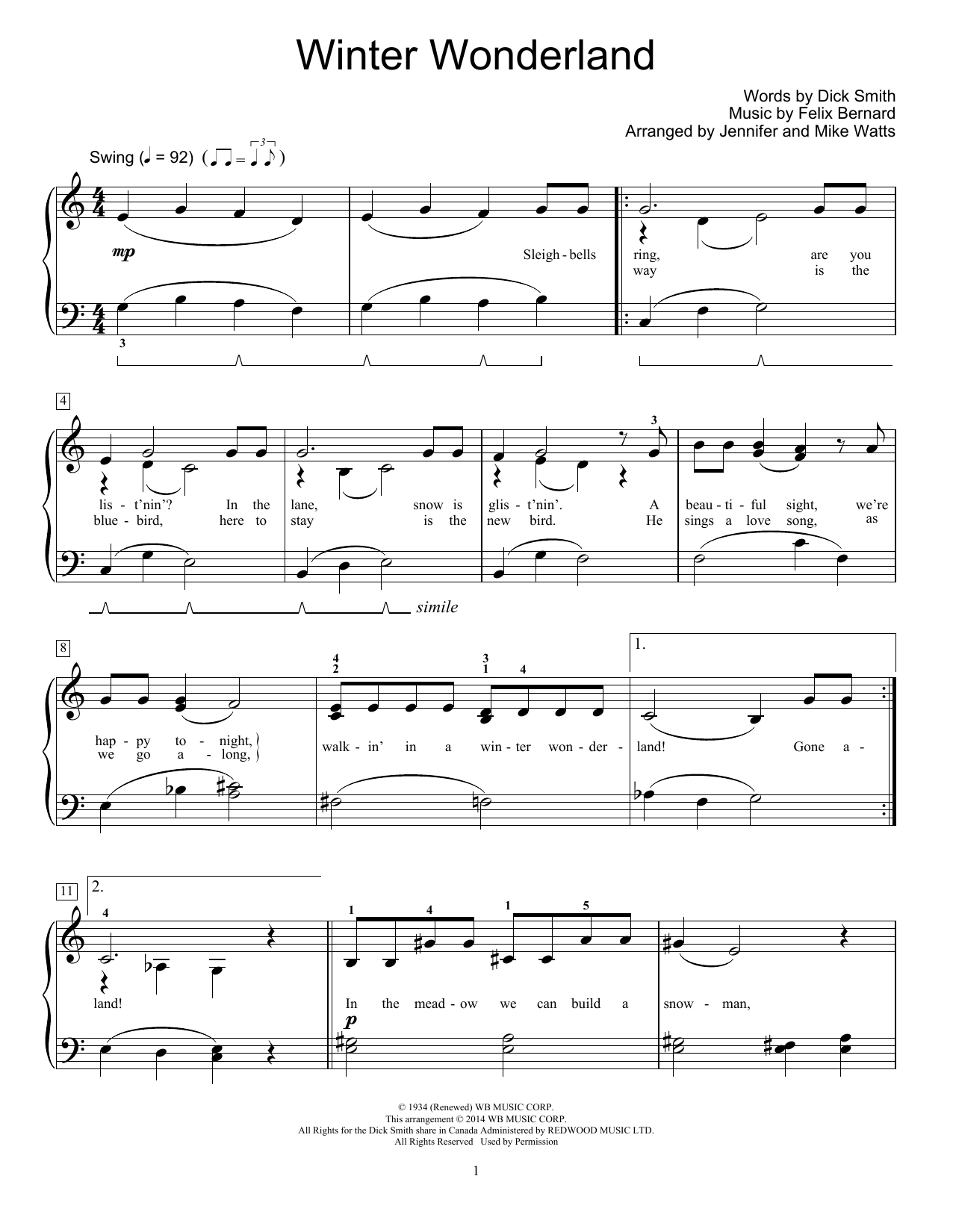 Jennifer and Mike Watts Winter Wonderland sheet music notes and chords arranged for Educational Piano