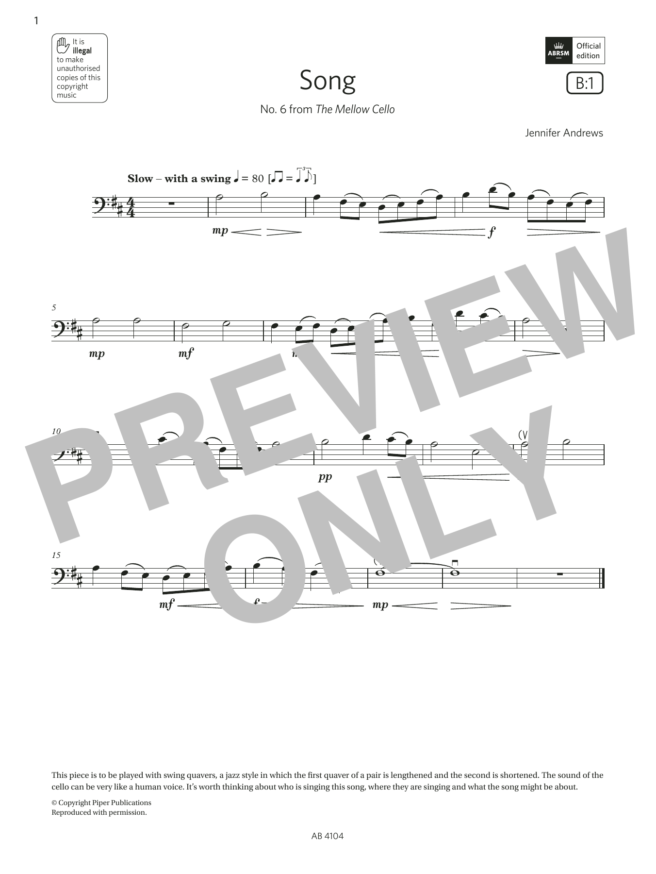 Jennifer Andrews Song (Grade 1, B1, from the ABRSM Cello Syllabus from 2024) sheet music notes and chords arranged for Cello Solo