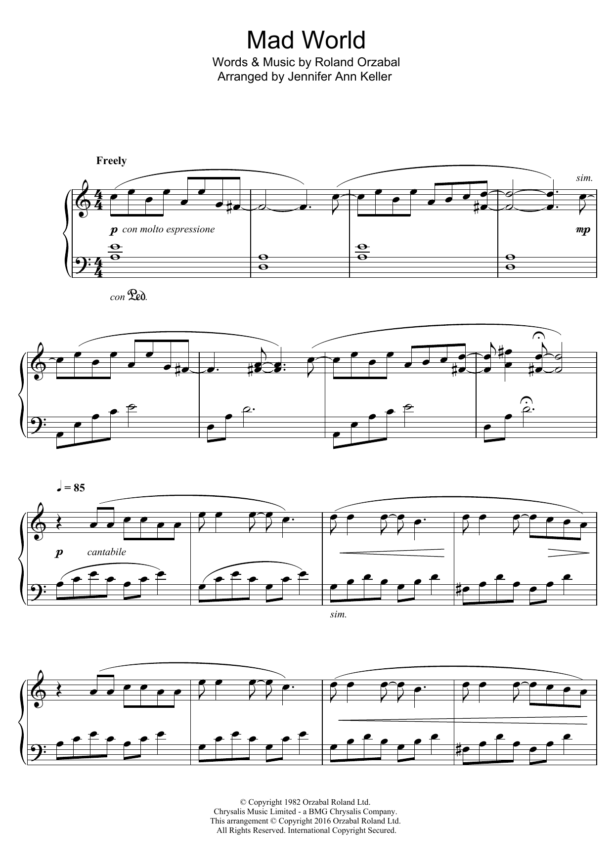 Jennifer Ann Keller Mad World sheet music notes and chords arranged for Piano Solo